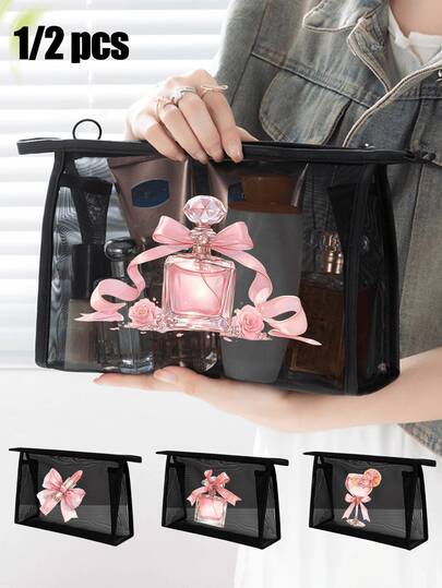 Mesh Cosmetic Bag, Printed With Bow Tie Perfume Pattern, Wedding Gift Gauze Multifunctional Cosmetic Bag, Pink Dream Pattern, Valentine'S Day Gift, Fresh And Lovely, Orange Soda, Can Accommodate Hairpin, Hairband, Etc., Red Air Cushion Portable Storage Bag, Cosmetic Bag, Skin Care Bag, Travel Necessities, Dormitory Supplies, Personalized Gift Bag, Suitable For Commuting, Shopping, Vacation And Daily Leisure Use, Is The Perfect Gift For Friends.