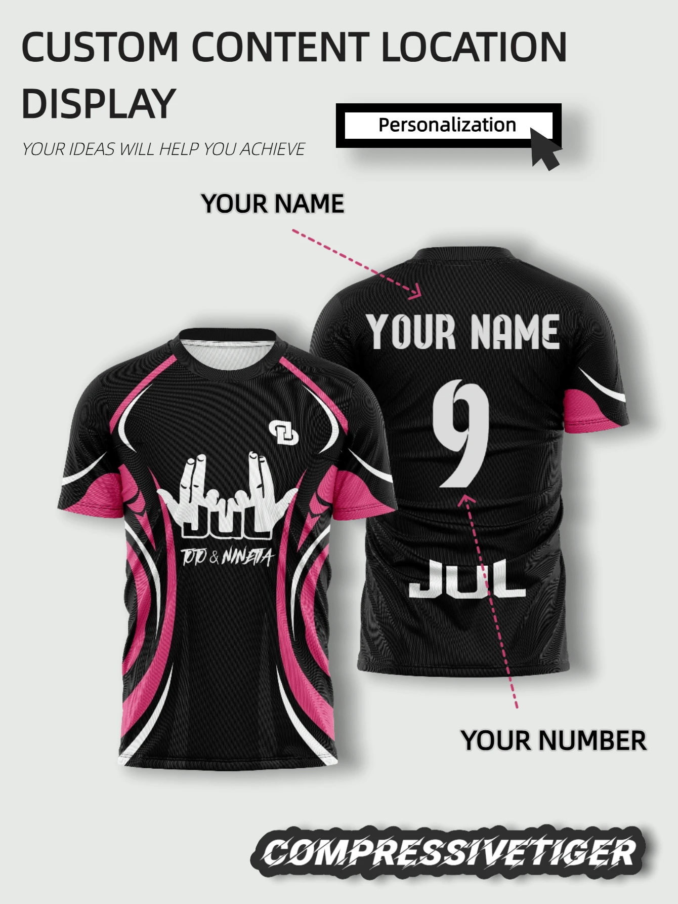 1pc Customized Black Personalized T-Shirt - Unique "JUL" Hand Gesture Design, Customizable Name And Number, Premium Fabric, Football/Fan Tee, High-Quality Custom Sportswear, Valentine's Day Gift - Pink - View 1