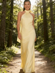 Women Scarf Maxi Dress Silk Halter Tie Up Backless Bodycon Dress Cowl Back Draped Party Wedding Dresses - Amarillo - Ver 2
