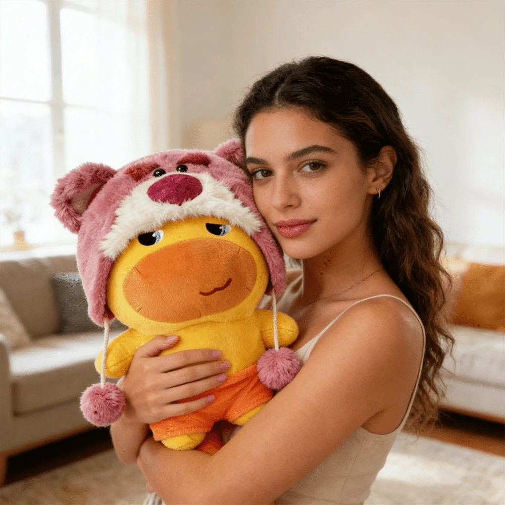 Miniso 名创优品 Lulu 躺姿毛绒玩具嘟嘴表情娃娃玩具草莓熊 Lotso 头饰服装柔软填充娃娃圣诞节生日礼物 - 粉紅色熊嚕嚕撇嘴 - 查看 1