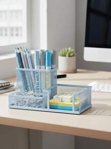 3 Compartment Pen Organizer Pencil Office Desk Storage Holder Stationery Decoration - 金屬3隔間淺藍色 - 查看 4