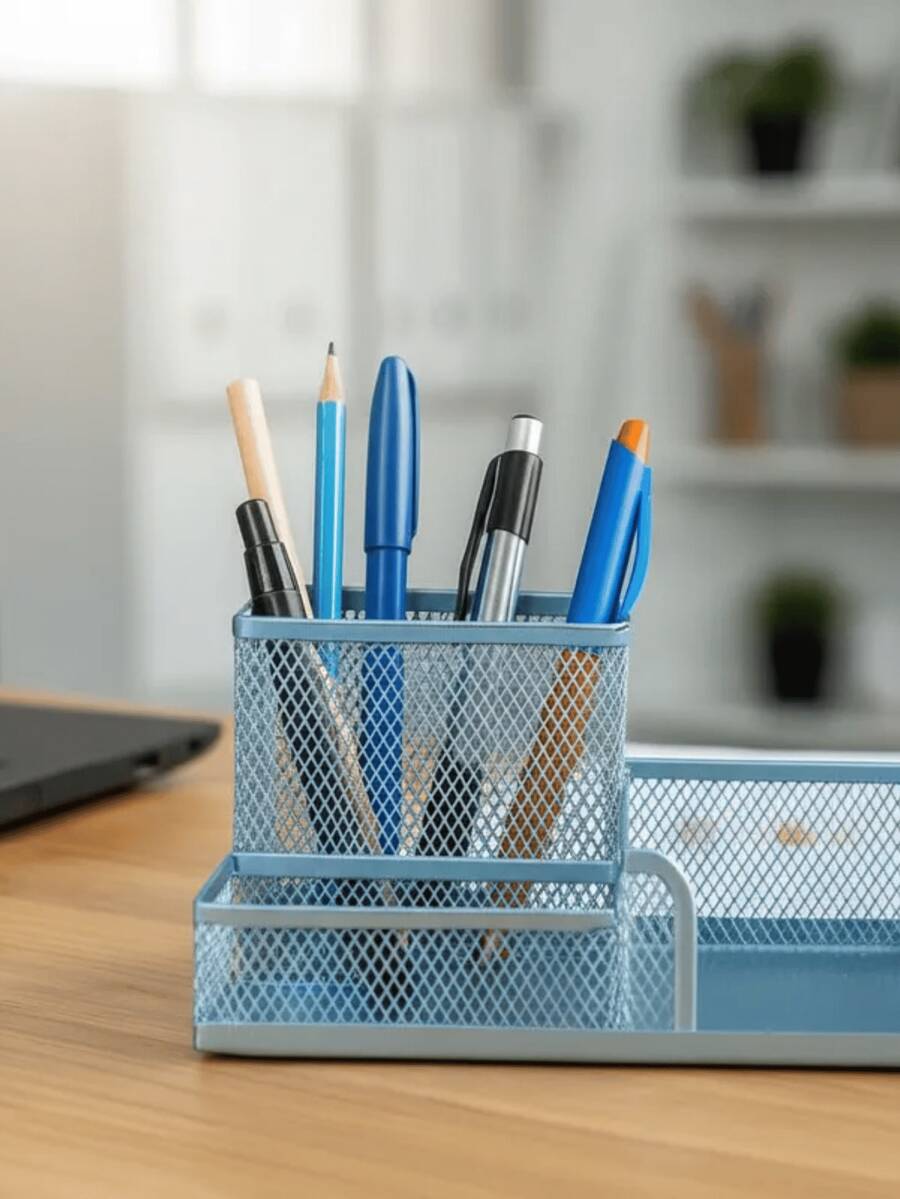 3 Compartment Pen Organizer Pencil Office Desk Storage Holder Stationery Decoration - 金屬3隔間淺藍色 - 查看 1