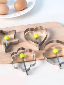 5 piezas Juego de moldes de acero inoxidable para freír huevos - Moldes creativos con forma de corazón y redonda para hacer huevos escalfados y fritos para el desayuno - Plateado - Ver 2