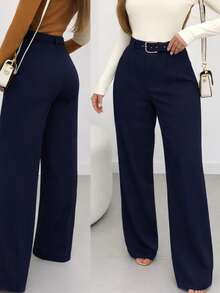 Tailored Wide-Leg Trousers With Belt. - 藏蓝色 - 查看 1