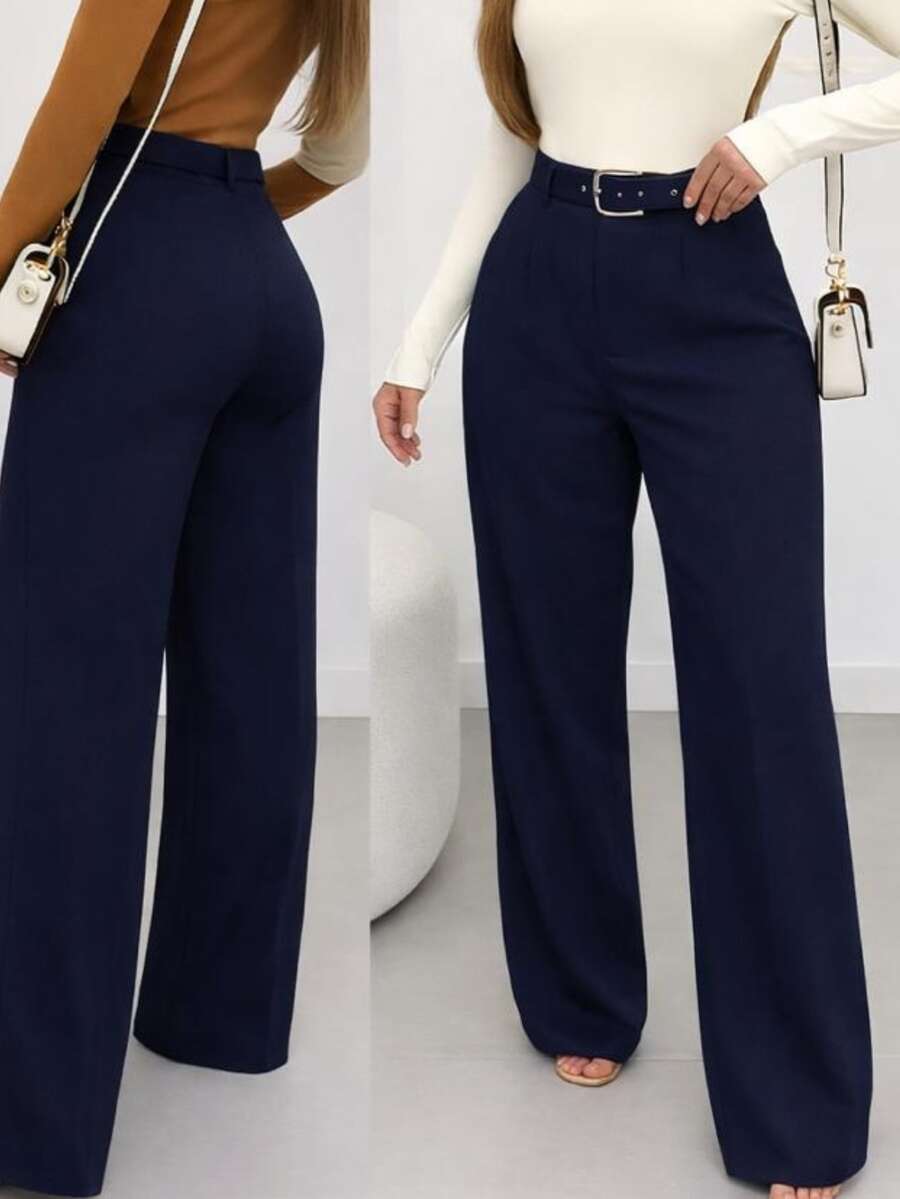 Tailored Wide-Leg Trousers With Belt. - 藏蓝色 - 查看 1