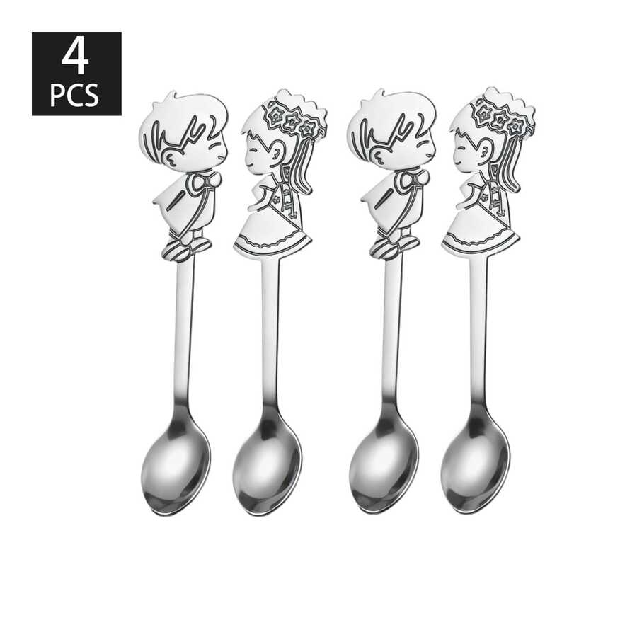 2/4pcs Stainless Steel Dessert Spoons, Cute Cartoon Handle Spoons - Silver - View 1