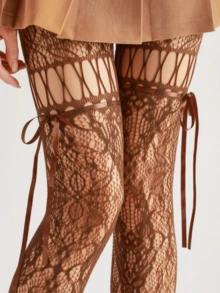 1pc Black & White Lace-Up Bow Fishnet Hollow Pantyhose, Y2K Style Purple Mesh Tights - Brown - View 2