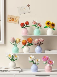 1pc/846pcs Artificial Everlasting Flowers Succulent Plants Handmade Flower Bouquets DIY Lily/Chrysanthemum/Rose/Hibiscus/Peony/Sunflower/Tulip/Gardenia 3D Puzzle Assembly Building Blocks Model Home Decor Desktop Ornaments, Mother's Day/Birthday Gift - Multicolor - View 3