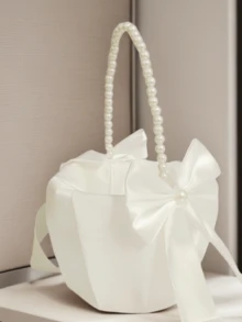 1pc Wedding White Satin Bow Flower Basket Flower Carrying Basket With Pearl Handle Suitable For Bridesmaids And Flower Girls - Multicolor - View 3