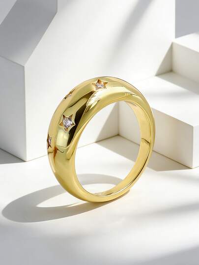 Charm-In Women's Gold Plated Zirconia Star Dome Chunky Ring Sleek & Luxe Daily Wear Jewelry For Women Perfect Gift For Her On Birthday, Anniversary & Valentine's Day