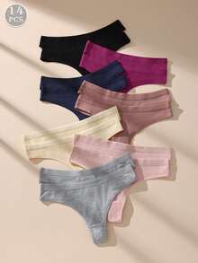 14pcs/Set Solid Color Low Waist Seamless Cotton Thong Panties, Soft & Comfortable Women's Underwear - Multicolor - View 7