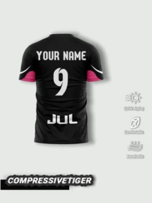 1pc Customized Black Personalized T-Shirt - Unique "JUL" Hand Gesture Design, Customizable Name And Number, Premium Fabric, Football/Fan Tee, High-Quality Custom Sportswear, Valentine's Day Gift - Pink - View 2