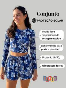 Teen Tropical Beach Set With UV50 Protection: Cropped Top + Printed Shorts 79-C1 - Blue With Blue Background - View 2