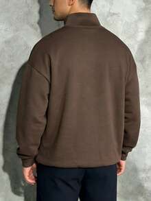 Men's High Neck Warm Hoodie, Solid Color Minimalist Style, Suitable To Pair With Jeans For Daily Commute - Brown - View 6