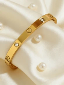 Set de 2 piezas de pulseras elegantes de acero inoxidable con rhinestones - Dorado, diseño de moda, adecuado para uso casual, formal, de fiesta, vacaciones y diario {Set de pulseras de moda} Regalo para Eid Al-Fitr - Conjunto de dos piezas de pulsera en forma de corazón - Ver 5