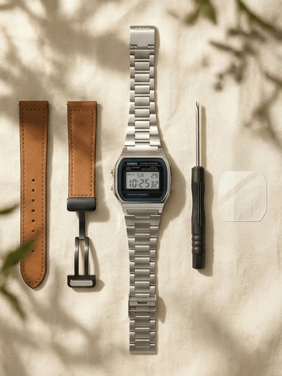Casio 复古银色电子表套装，配棕色皮表带（蝴蝶扣），包含屏幕保护膜和工具，复古男士商务腕表套装
