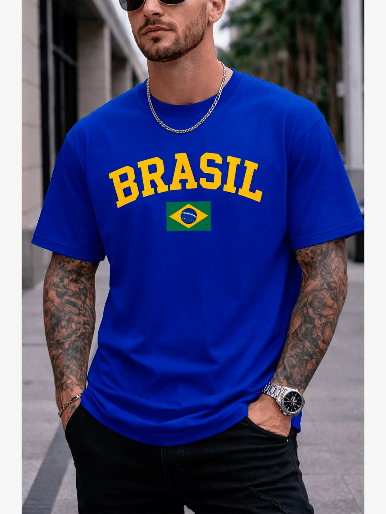 Men's Casual Blue T-Shirt With Brazilian Flag Letters Print, Cotton, Short Sleeve, Round Neck - 藍色 - 查看 1