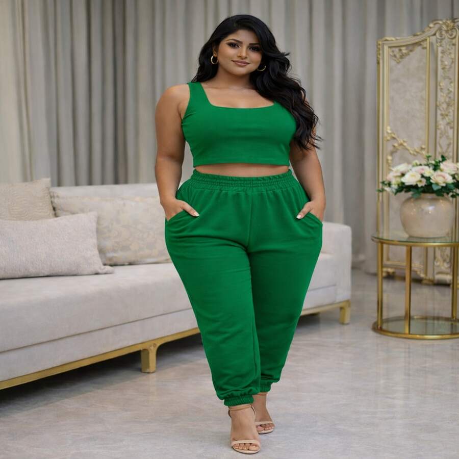 Conjunto Feminino Moderno Jogger + Cropped – Ref. 02 | P/M/G/GG/G1 - VERDE FOLHA - Visão 1