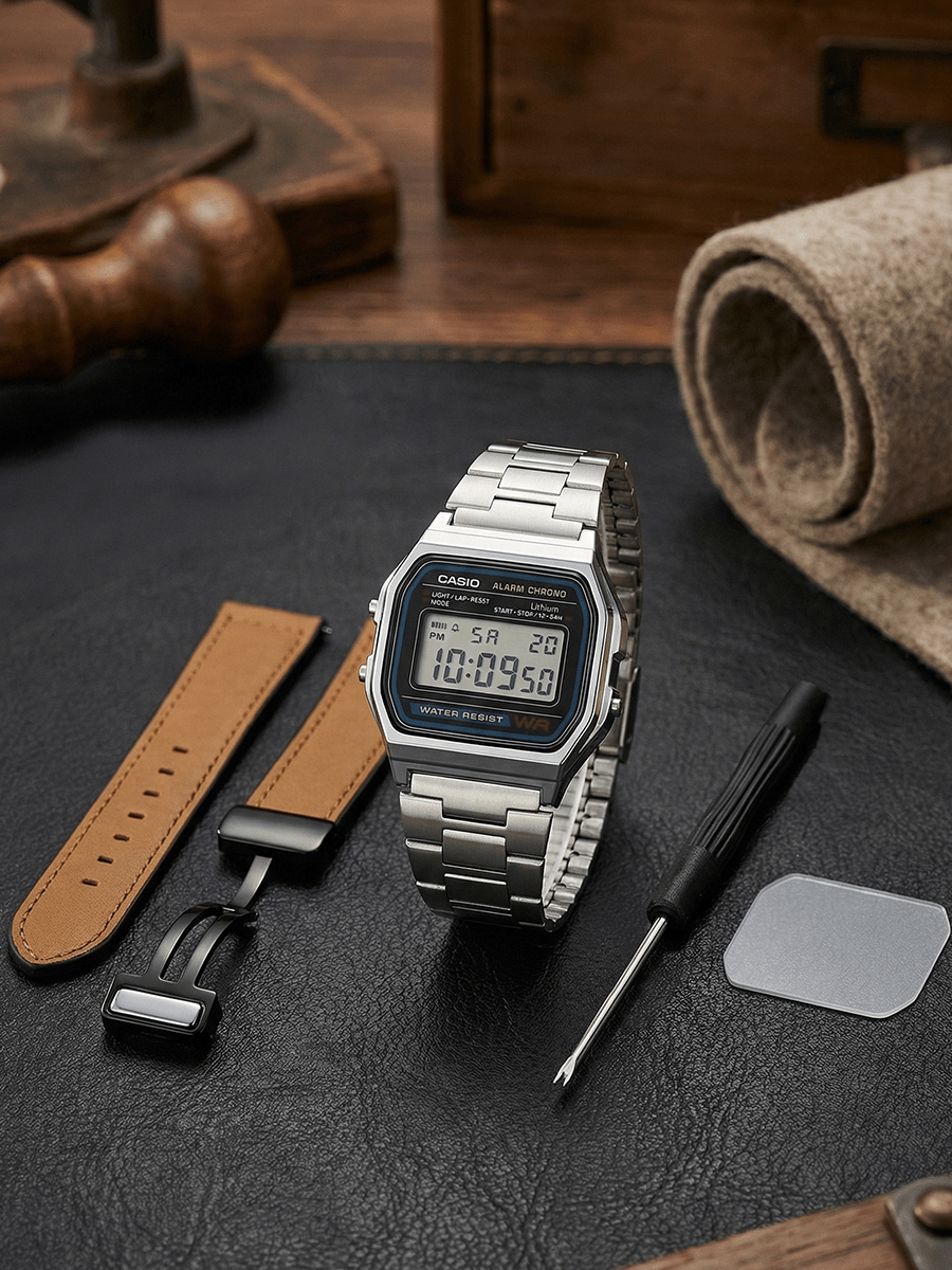Casio 复古银色电子表套装，配棕色皮表带（蝴蝶扣），包含屏幕保护膜和工具，复古男士商务腕表套装