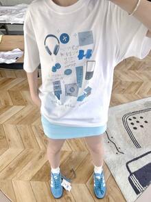 Women's Casual Letter Print Round Neck Drop Shoulder Short Sleeve Loose T-Shirt, Summer - White - View 1