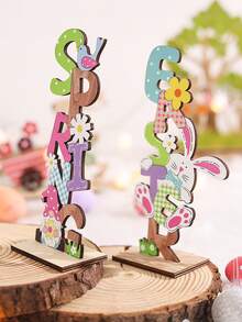 2件套复活节快乐木质桌面摆件 | “SPRING”和“EASTER”主题字母，配有兔耳朵、迷你矮人、白兔、复活节彩蛋、胡萝卜和花朵图案，复活节礼物 - 彩色 - 查看 4