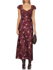 Women's Elegant Polka Dot Satin Maxi Dress Floral Lace Patchwork Bubble Sleeve Sweetheart Neck Open Back Fit  Flare Long Dress Summer  Outfits For Going Out Coquette Clothes For Wedding Academy Resort Vacation Family Gathering Graduation Party Music Festival - 紅色 - 查看 1