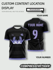 1pc Customized Black & Purple Personalized T-Shirt - Unique "JUL" Hand Gesture Design, Customizable Name & Number, Premium Fabric, Soccer/Fan Tee, High-Quality Custom Sportswear, Valentine's Day Gift - Purple - View 1