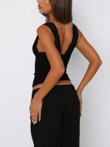 Women Lace Top Sleeveless U Neck Lace Trim Sleeveless Crop Top Slim Fit Summer Tank Top Streetwear - Black - View 4