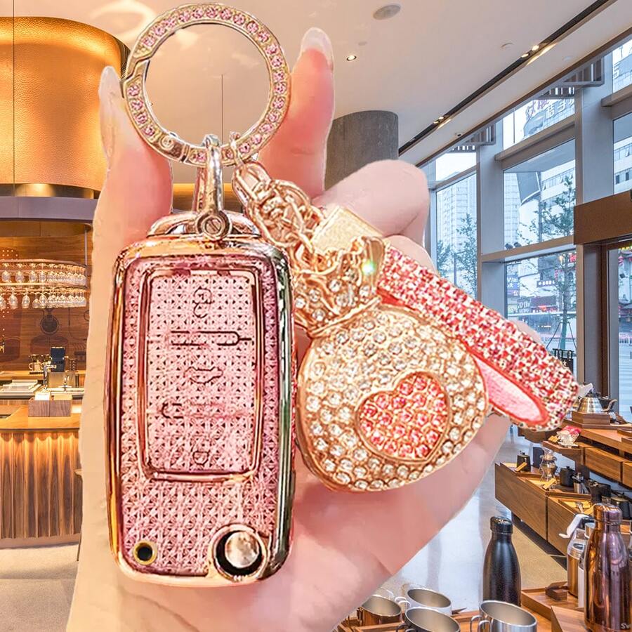 Llavero de coche con patrón de diamante, llavero decorado con rhinestones para Bora, Lavida, Golf, llavero de coche con forma de corazón y cerradura inteligente decorado con rhinestones, llavero con incrustaciones de rhinestones, adecuado para Santana, Bora, Lavida, Golf Smart Key - A - Ver 1