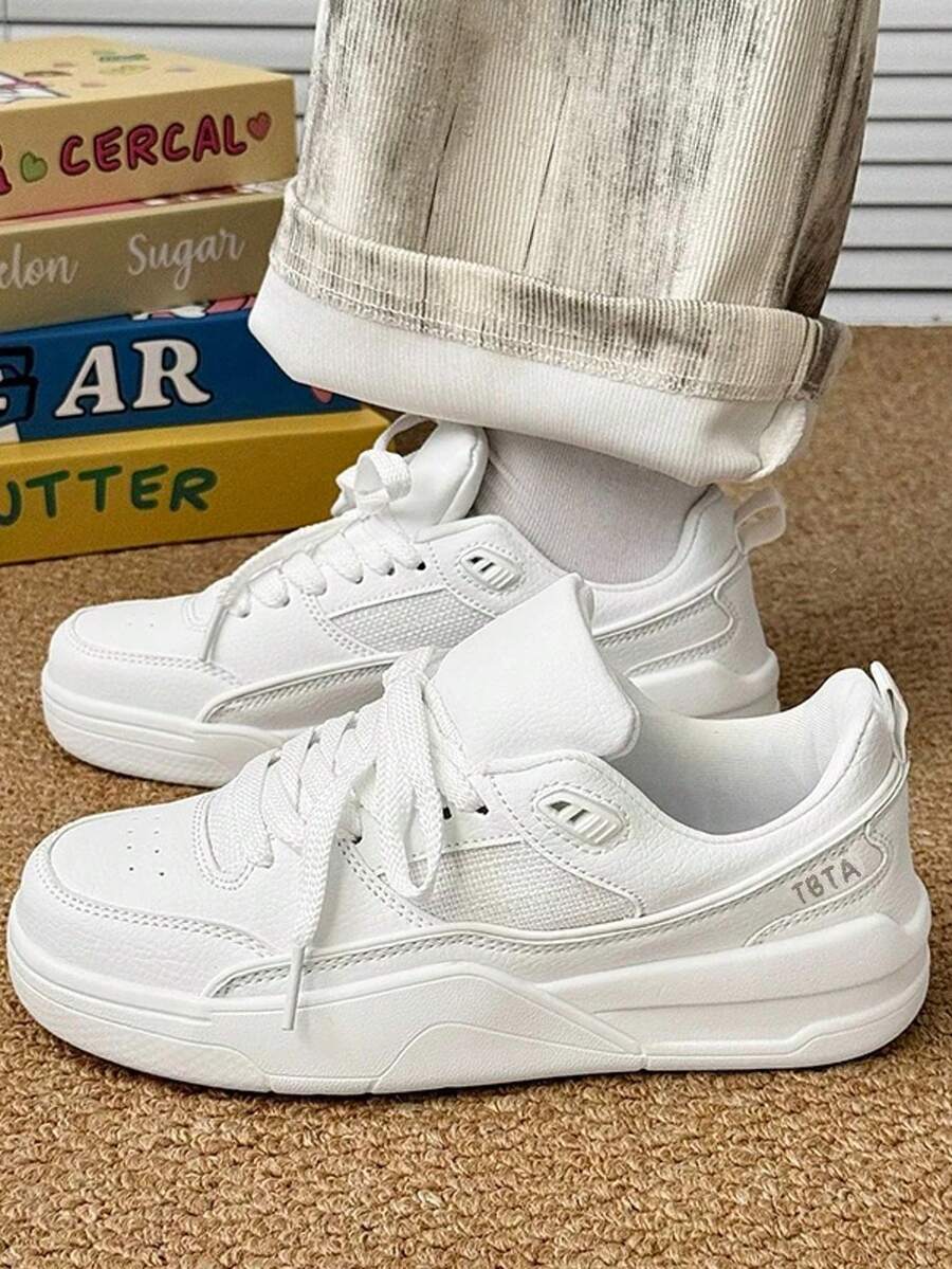 Women's Flat Sneakers, Comfortable Versatile White Lace-Up Skate Shoes - White - View 1