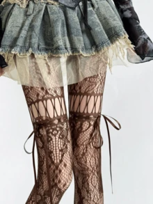 1pc Black & White Lace-Up Bow Fishnet Hollow Pantyhose, Y2K Style Purple Mesh Tights - Brown - View 6