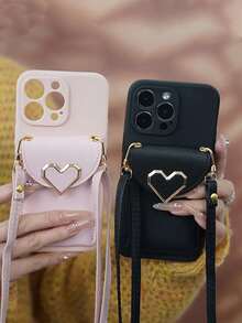 INS Style Luxury Black Heart Inlay Card Slot Phone Case With Detachable Strap, Shockproof Full Coverage Phone Protective Case Compatible With IPhone 11/12/13 Series, Compatible With IPhone 14/15/16/16 Pro Max, Compatible With IPhone 17/17 Pro/17 Pro Max - Black - View 2