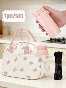 Corduroy Bow Lunch Bag And Cup - Includes Utensil Storage Bag, Women's Lunch Box, Insulated Lunch Bag, Cute Corduroy Lunch Bag, Reusable Work Lunch Box, Multi-Function Large Capacity Insulated Bag, 304 Stainless Steel Vacuum Cup, Minimalist Fresh Unisex Portable Water Bottle, Suitable As Gift For Friends And Family Or Birthday Present - Multicolor - View 1