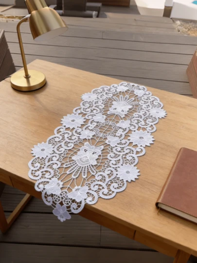 HXARTMIS 1 件装，白色蕾丝桌旗，精致机织花卉图案涤纶桌布，四季皆宜。桌旗，现代桌旗，餐桌中心装饰，现代餐桌中心装饰，早餐餐垫