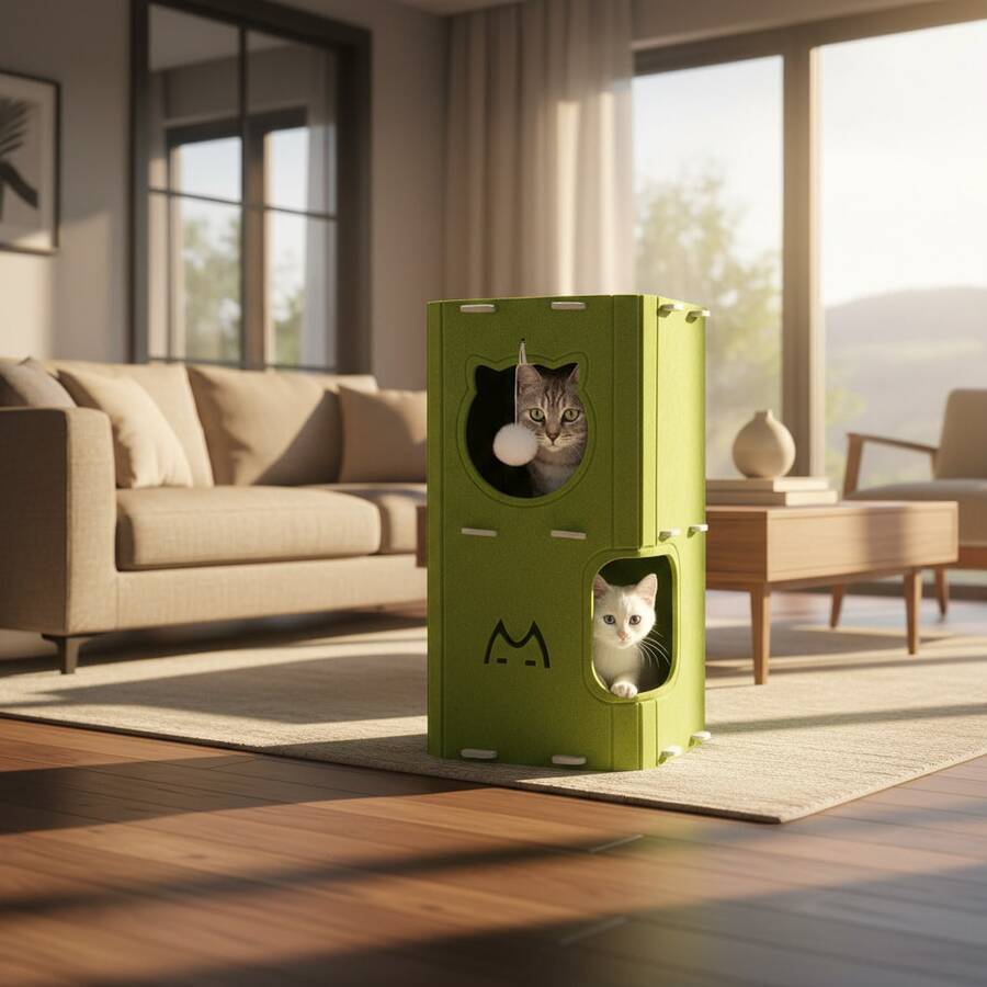 Double Layer Cat House With Scratching Toy Cat Bed Cat Furniture, Playful Cat House, Green,Big Sapce - Lime Green - View 1