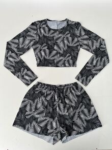 Teen Tropical Beach Set With UV50 Protection: Cropped Top + Printed Shorts 79-C1 - 黑與白 - 查看 6