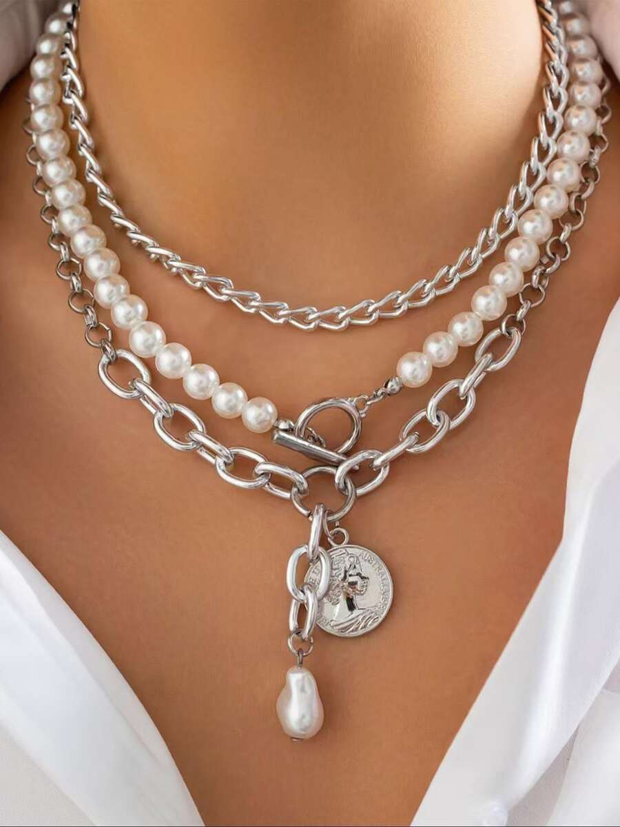 3pcs/Set Fashionable Metal Coin, Goddess Head, Heart Pendant Necklace, Minimalist Pearl Multi-Layer Choker Necklace Set, Suitable For Party, Gift, Daily Wear - Silver - View 1