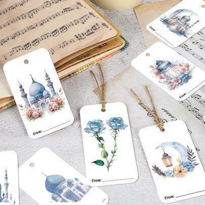 50pcs Eid Mubarak & Ramadan Islamic Paper Gift Tags With Hemp Rope - Watercolor Lantern Castle & Moon Hanging Labels For Gift Wrapping & Party Decorations - Eid -Fitr Holiday Supplies