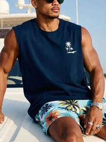 1pc Men's Casual Coconut Tree Print Round Neck Tank Top, Summer - Navy Blue - View 2