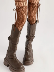 1pc Black & White Lace-Up Bow Fishnet Hollow Pantyhose, Y2K Style Purple Mesh Tights - Brown - View 5