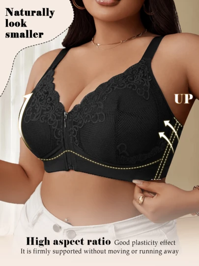 MIMILEMON 大码黑色蕾丝无钢圈支撑文胸 - 前拉链设计，透气舒适