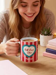 1pc Custom Valentine's Day Themed Name Mug Personalized Ceramic Coffee Mug With Custom Name Print Romantic Heart Style Design Cute Stripe Pattern Daily Drinkware Cup - Valentine's Day Style 1 - View 3