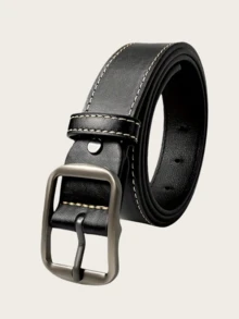 1pc Men's Black Leather Belt, Vintage Metal Buckle And Contrast Stitching, Casual Jeans Accessory, Adjustable Size Suitable For Daily/Work Wear - Multicolor - View 8