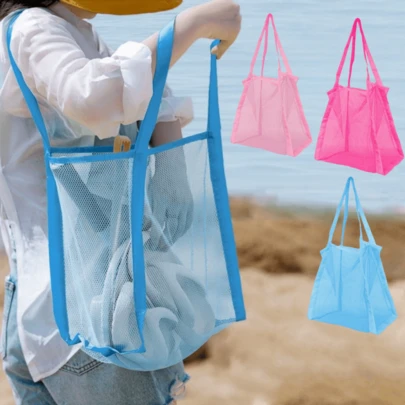 4pcs Large Capacity Solid Color One Shoulder Mesh Beach Bags, Multifunctional Mesh Tote Bags