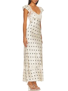 Women's Elegant Polka Dot Satin Maxi Dress Floral Lace Patchwork Bubble Sleeve Sweetheart Neck Open Back Fit  Flare Long Dress Summer  Outfits For Going Out Coquette Clothes For Wedding Academy Resort Vacation Family Gathering Graduation Party Music Festival - 杏色 - 查看 3