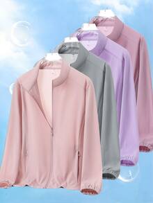 Light Pink Ice Silk Stand Collar Jacket Women Summer Thin Casual Windbreaker Beach Holiday Top - Pink - View 3
