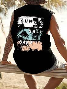 1件男士夏季英文印花圆领休闲背心 - 黑色 - 查看 2