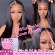 直发蕾丝前假发，真人发混纺，5x5 无胶佩戴，即戴即走，真人发混纺，预先拔毛，带婴儿发，200% 密度，蕾丝近景真人发假发，女士自然黑，13x4 升级高清蕾丝前假发，直发蕾丝前假发，真人发混纺，34 英寸 - 自然色&黑色系 - 查看 4