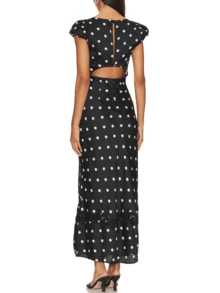 Women's Elegant Polka Dot Satin Maxi Dress Floral Lace Patchwork Bubble Sleeve Sweetheart Neck Open Back Fit  Flare Long Dress Summer  Outfits For Going Out Coquette Clothes For Wedding Academy Resort Vacation Family Gathering Graduation Party Music Festival - 黑色 - 查看 2