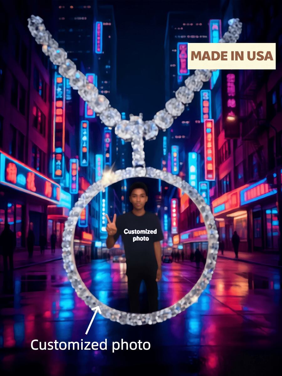 1 Customized Large Circular Photo Frame Photo Pendant Necklace, Sparkling Brass And Zirconia, DIY Photo, Hip-Hop Daily Jewelry, With 50cm Twisted Chain Gift, Fashionable, Colorful, Retro, Simple, Neutral, Casual, Cute, Customized, Personalized, Unique, Is The Ideal Gift For Him - Multicolor - View 1